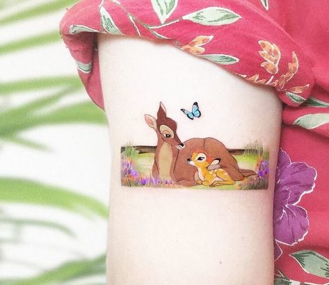 ~Bambi~ Bambi Butterfly, Kozo Tattoo, Bambi Tattoo, Disney Inspired Tattoos, Deer Flowers, Kawaii Tattoo, Sweet Tattoos, Small Arm Tattoos, Red Tattoos