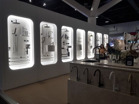 Taps Display Showroom, Sanitary Showroom Interiors, Sanitaryware Showroom Design, Kohler Showroom, Grohe Showroom, Sanitary Showroom, Bathroom Fittings Showroom Display, Design Center Showroom, Bathroom Store