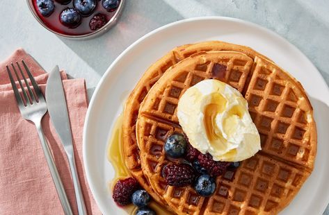 Greek Yoghurt Waffles - Jalna Yoghurt Yoghurt Recipe, Milk Syrup, No Dairy Recipes, Plain Flour, Waffle Iron, Fresh Berries, Large Bowl, Cooking Time, Waffles