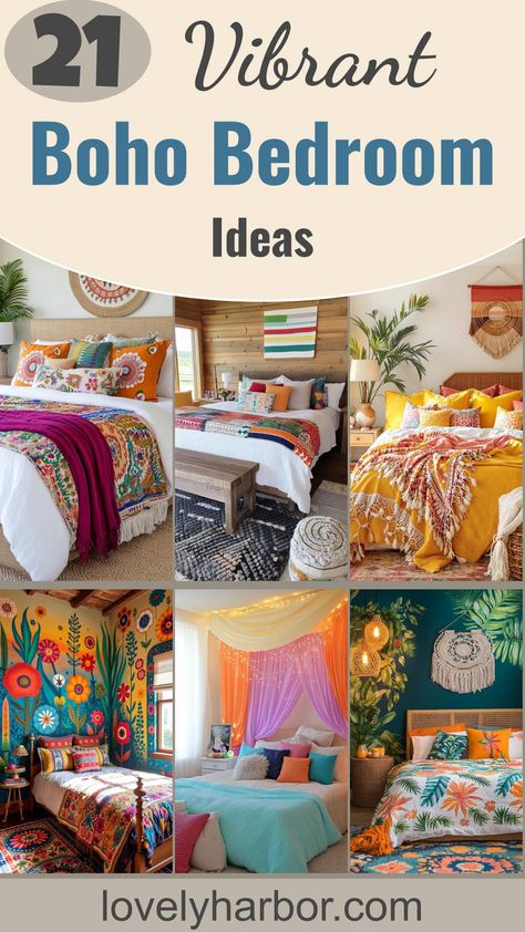 21 Colorful Boho Bedroom Ideas For A Whimsical Hippie Vibe Boho Cabin Bedroom, Colourful Boho Bedroom, Bright Boho Bedroom, Colorful Bedroom Ideas For Adults, Bright Bedroom Ideas, Colorful Boho Bedroom Ideas, Boho Beach Bedroom, Colorful Boho Decor, Boho Hippie Home