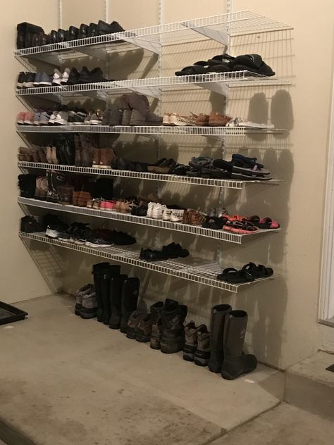 Shoe Organization Laundry Room, Shoe Garage Organization, Garage Shoe Wall, Building Shoe Rack, Garage Storage Shoes, Shoe Shelves In Garage, Shoe Organization Coat Closet, How To Store Shoes In Garage, Shoe Area In Garage