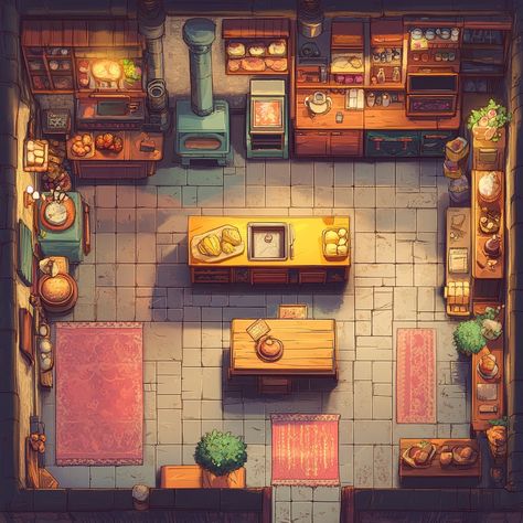 Dnd Coffee Shop, Dnd Kitchen Map, Dnd Kitchen, Medevil Times, Christmas Dnd, Bakery Kitchen, Ramen Shop, Dnd Ideas, School Cafeteria