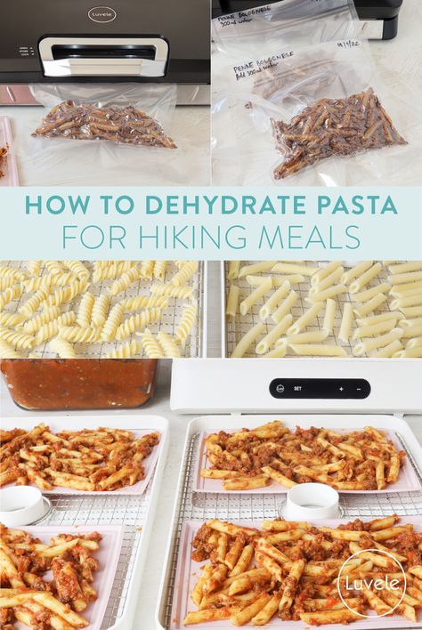 How to dehydrate pasta and sauce for backpacking meals Dehydrated Camping Meals Diy, Dehydrate Pasta, Diy Dehydrator, Luvele Recipes, Backpack Meals, Backpacking Dehydrated Recipes, Dehydrator Recipes Backpacking, Freez Dryer, Backpack Food