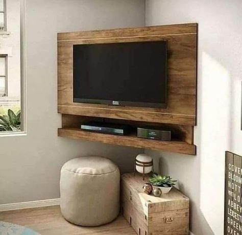 Tv In Corner Of Living Room, Corner Tv Ideas, Corner Tv Mount, Corner Tv Cabinets, Tv Mounted, Living Room Tv Unit Designs, Living Room Tv Unit, Corner Tv Stand, Tv Room Design