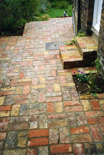 Reclaimed Brick Patio, Brick Walkways, Concrete Yard, Brick Patterns Patio, Brick Pathway, Brick Patio, Concrete Patios, Brick Path, Brick Walkway