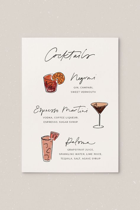 Party Drink Menu Ideas, Drink Menu Aesthetic, Wedding Drink Menu Ideas, Cocktail Menu Aesthetic, Cocktail Menu Design Ideas, Menu Design Cocktail, Drinks Menu Design, Creative Cocktail Menu Design, Cocktail Menu Wedding Bar Ideas