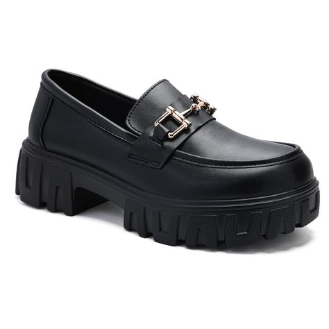 PRICES MAY VARY. CHAIN LOAFERS: Chunky platform low block heel combine with soft leather upper, this chain loafers inspire from classic design, also add chain element fashion design element to this slip on loafer. FEATURES: The platform loafer features a non-slip lug sole with a 2.3-inch block heel, making every step stable and adding height to your figure. Easy to wear and take off and save time, making it easy for you to go out. MEMORY FOAM INSOLE: These slip on shoes come with soft padded mem Loafers With Chain, Loafers Chunky, Business Clothes, Shoes Business, Shoes Ideas, Business Wear, Outdoor School, Platform Loafers, Business Work