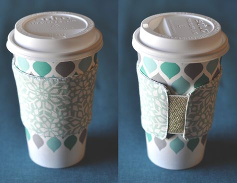 Coffee Cozy - made with an elastic band so it adjusts to various cup sizes. Fabric Cup Holder, Mug Sleeve, Cup Cosy, Crochet Mug Cozy, Coffee Cup Cozy, Sewing To Sell, Coffee Cup Sleeves, Diy Bags Patterns, Coffee Sleeve