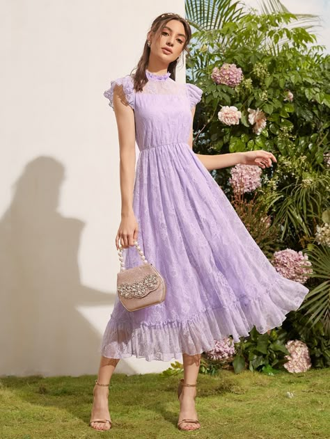 Lilac Purple Romantic  Cap Sleeve Lace Plain A Line  Non-Stretch Spring/Summer Weddings & Events Floral Long Frocks, Lace Frocks, Romantic Pattern, Floral Applique Dress, Bridesmaid Attire, Vintage Formal Dresses, Flounce Hem Dress, Purple Style, Long Kurti Designs