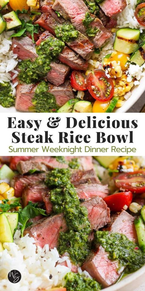 A delicious rice bowl that's packed with flavor from fresh chimichurri sauce, a grilled corn salad and zucchini, tender steak, fluffy rice, and feta cheese. A perfect excuse to fire up the grill and enjoy the warmer temps and fresh flavors of summer! A meal to make everyone happy even during busy weeknights. This recipe is ready in 40 minutes and gluten-free. Steak And Basil Recipes, What To Eat With Chimichurri Sauce, Steak Bowl Sauce, Chimichurri Rice Bowl, Whole 30 Summer Meals, Grilled Steak Salad Recipes, Chimichurri Steak Bowl, Steak And Zucchini Recipes, Summer Steak Recipes