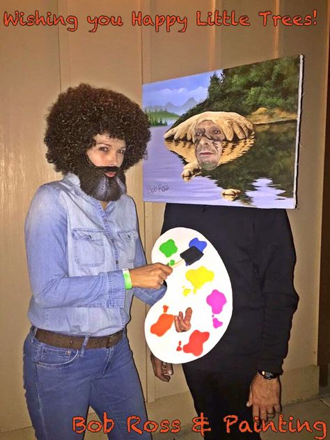 Halloween Couples Costume:  Bob Ross and his Painting. I was Bob, as it's so much funnier when the female wears a beard & mustache! Lol  *we won 1st Place in a costume contest:D Mustache Halloween Costumes, Mustache Costume Ideas, Guy With Mustache, 90s Cartoon Costumes, Bob Ross Birthday, Bob Ross Costume, Mustache Costume, Famous Mustaches, Female Wears