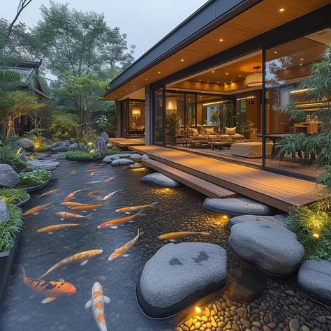 House Fish Pond, Koi Pond House, Japanese Koi Pond Design, Koi Ponds Backyard, Koi Pond Landscaping, Japanese Exterior House, Modern Japanese House Exterior, Japanese Courtyard, Modern Japanese Garden