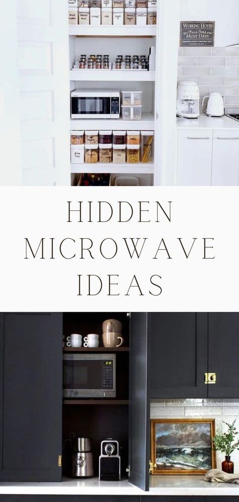 Hidden microwaves might peak your interest if it's something you've never considered for your kitchen. We want to show off great places to hide your microwave. Putting your microwave in your pantry or hiding your microwave in a cabinet are two great solutions. Considering having your microwave built in to a kitchen island is another perfect place to hide a microwave. Microwave In Coffee Bar, Clever Places For Microwave, Microwave In Small Pantry Closet, Where To Place A Microwave In A Kitchen, Ideas Where To Put Microwave In Kitchen, Under Mount Microwave, Where To Put Microwave In Kitchen Layout, Places For Microwave In Kitchen, Where To Put A Microwave In A Small Kitchen