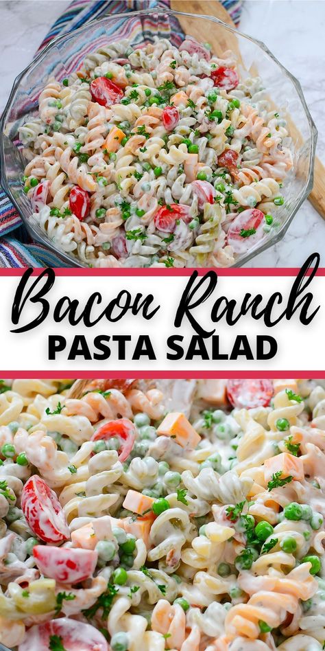 This Bacon Pasta Ranch Salad is so tasty and easy to make on a hot summer day! Perfect to bring to any BBQ or gathering you have coming up. Chicken Bacon Ranch Pasta Salad, Bacon Pasta Salad, Bacon Ranch Pasta, Bacon Ranch Pasta Salad, Creamy Pasta Salads, Chicken Bacon Ranch Pasta, Spiral Pasta, Ranch Salad, Ranch Pasta Salad