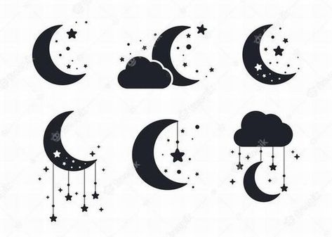 Silhouette of the crescent moon and stars in the night sky isolated on background Premium Vector Clouds And Stars Tattoo, Iphone Icon Aesthetic, Stars In The Night Sky, Night Sky Moon, Aesthetic Moon, Star Logo Design, Moon Vector, Star Silhouette, Moon Icon