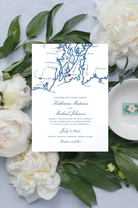 Picture of a wedding invitation with a map of Narragansett Bay Elegant Navy Wedding, Kennebunkport Wedding, Elegant Navy Blue Wedding, Navy Wedding Invitation, Map Wedding Invitation, Map Wedding, Navy Blue Wedding Invitations, Gold Foil Invitation, Newport Wedding