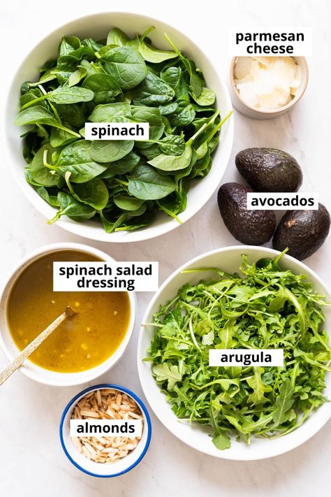 Spinach Avocado Salad with Red Wine Vinaigrette - iFoodReal.com Spinach Salad With Avocado, Spinach Parmesan Salad, Salad With Avocado Recipes, Healthy Spinach Salad, Chickpea Spinach Salad, Spinach Salad With Strawberries, Lemon Garlic Chicken Breast, Spinach Salad Dressing, Avocado Spinach Salad