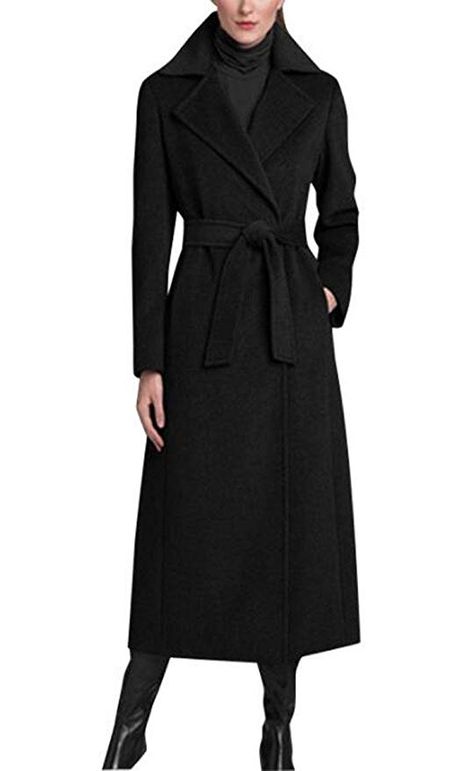 Women's Black Single Breasted Lapel Full-Length Wool Blend Pea Coat with Belt S Long Coat Fashion, Hobbs Coat, Career Clothes, Wool Long Coat, Coat With Belt, Elegant Coats, Black Wool Coat, Long Coat Women, Stylish Coat