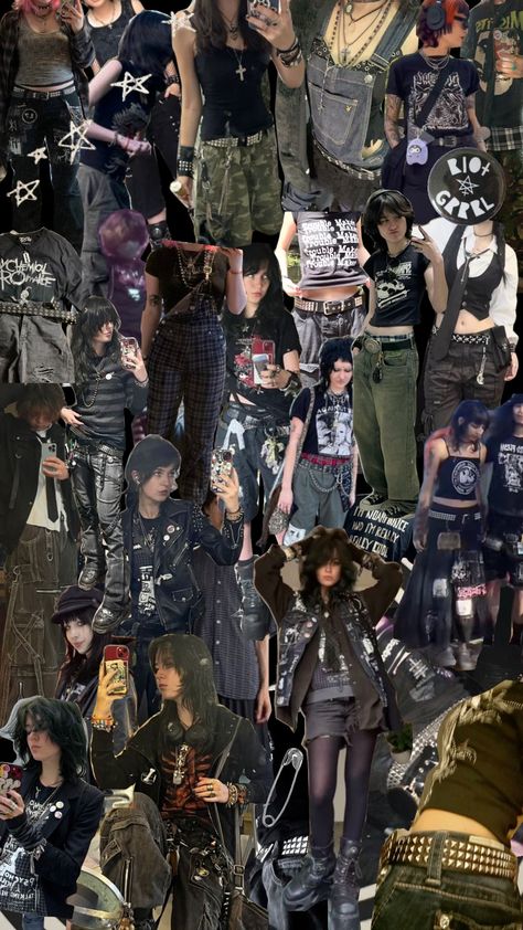 outfit moodboard pt.2! #punk Gothic Punk Aesthetic, Early 2000s Punk Fashion, Punk Fall Outfits, Skate Punk Fashion, Hardcore Punk Fashion, Weird Aesthetic Outfits, Punk Winter Outfits, Punk Academia Outfit, Shoegaze Outfits