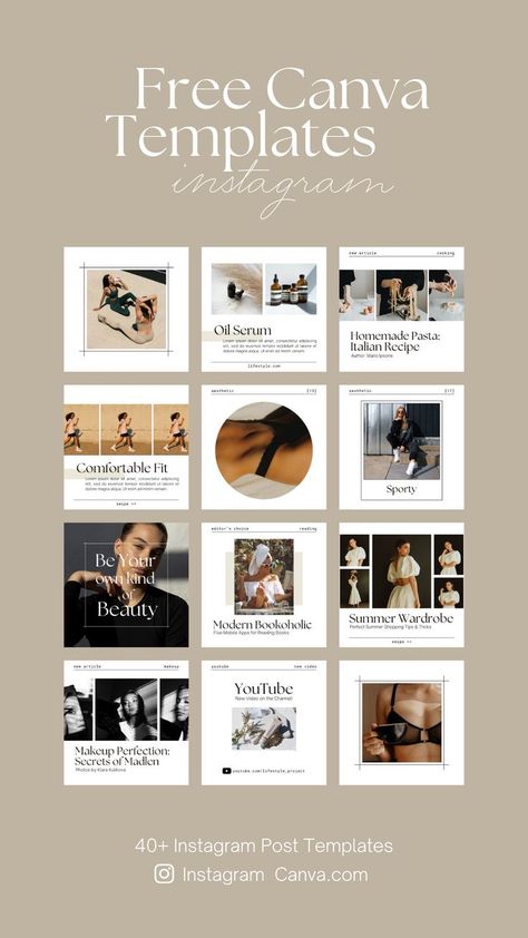 Lifestyle Instagram Pack will help you to create trendy aesthetic visual content for your Instagram. Ideal for any beauty fashion business, shop and store, motivating and inspiring project, personal blog, online course. Minimal and clear design. All templates are perfectly fit with each other. This pack includes 40+ social media post templates for your Instagram. All templates are fully editable and totally free for both personal and commercial use. You can easily change the design with Canva! Instagram Template For Business, Instagram Business Template, Social Media Content Design Layout, Free Templates For Instagram Post, Instagram Store Layout, Social Media Post Aesthetic, Minimal Social Media Template, Fashion Store Instagram Feed, Fashion Feeds Instagram