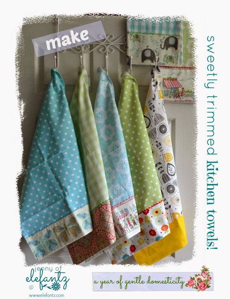 Jenny of ELEFANTZ: Tutorial: sweet kitchen towels... Embellished Dish Towels, Tee Towels, Kitchen Towels Diy, Kitchen Sewing, Towel Ideas, Tea Towels Diy, Sweet Kitchen, Diy Tea, Diy Towels