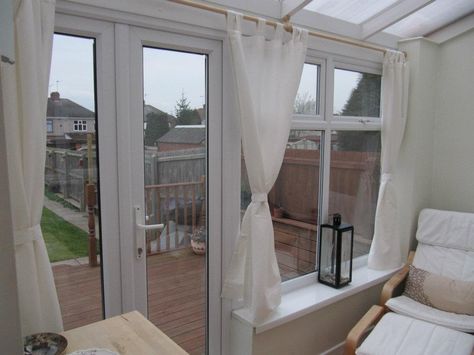 Curtains in our conservatory Conservatory Curtains And Blinds, Conservatory Window Coverings, Curtains In Conservatory, Conservatory Bedroom Ideas, Conservatory Curtain Ideas, Curtains Conservatory, Conservatory Window Dressing Ideas, Small Conservatory Ideas, Conservatory Playroom