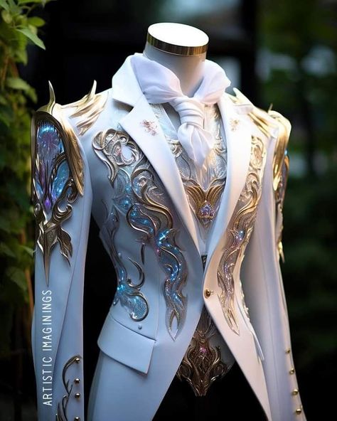 White Fantasy Suit, Midevil Outfits, Mens Avant Garde, Male Fantasy Clothing, Prince Suit, Faerie Aesthetic, Wedding Suit Ideas, Prince Wedding, Magic Clothes