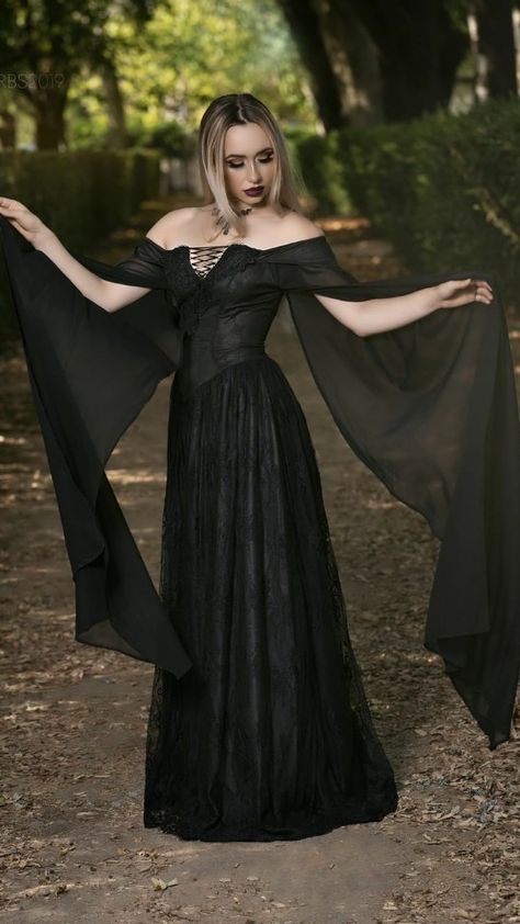 Dark Fairycore Wedding Aesthetic, Black Bohemian Wedding Dress, Black Cottagecore Wedding Dress, Dark Forest Wedding Dress, Dark Witch Dress, Goth Bridesmaid Dresses, Gothic Bridesmaid Dresses, Gothic Dress Elegant, Goth Formal Dress