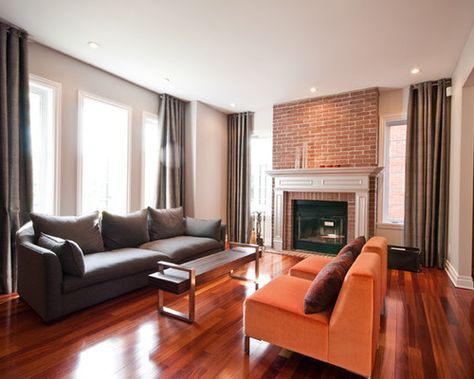 Brazilian Cherry Wood Floors Family Room Design Ideas, Remodels & Photos | Houzz Red Brick Fireplaces, Cherry Wood Floors, Contemporary Family Room, Living Room Wood Floor, Mantel Design, Gray Wall, Interior Painting, Family Room Design, Bedroom Paint