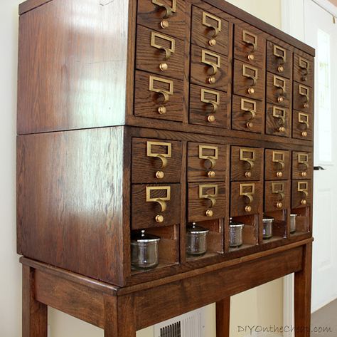 Living Pretty With Your Pets: DIY on the Cheap - Cuckoo4Design Repurposed Card Catalog, Specimen Cabinet, Baseball Cards Storage, Library Card Catalog Cabinet, Vintage Library Card, Crafting Area, Card Catalog Cabinet, Library Cabinet, Library Card Catalog