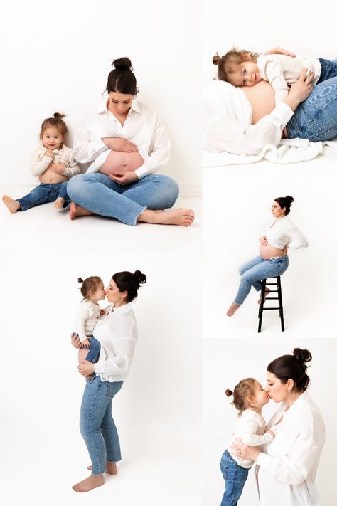 Maternity portraits of expecting mom and daughter. Studio Maternity Shoot Diy, Indoor Maternity Photography With Siblings, Maternity Photo Shoot Ideas Indoor Family, Self Portrait Maternity, Maternity Mommy And Me, Maternity Photo Shoot Ideas Studio Family, Studio Maternity Shoot Plus Size, Family Maternity Pictures Indoor, Self Maternity Pictures Photo Ideas