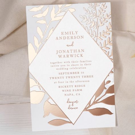 $4.15 | Botanical Leaf Diamond Pressed Rose Gold Wedding #wedding, spring, green, garden, watercolor, wreath, leaves, ferns, botanical leaf diamond, pressed rose gold wedding foil Popular Wedding Invitations, Rose Gold Wedding Invitations, Gold Foil Wedding Invitations, Foil Pressed Wedding Invitations, Watercolor Wreath, Floral Stationery, Garden Watercolor, Foil Wedding Invitations, Wedding Spring