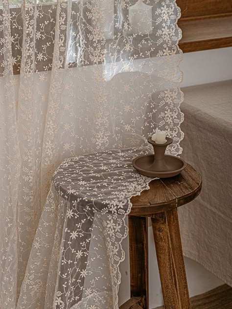 Editor's
NoteNatural
Cotton Velcro Curtain is a sheer curtain that can be easily installed with a compression rod, giving it a romantic and lovely look. The sunlight streaming through the tiny beige embroidered florets on these curtains creates a cozy atmosphere. - Curved scallop detail on the side- Soft
and warm beige  - Comes with a lace curtain tie- Easy
installation with compression rod Measurements
(in.)- 55 in. x 90.5 in. (±1.2