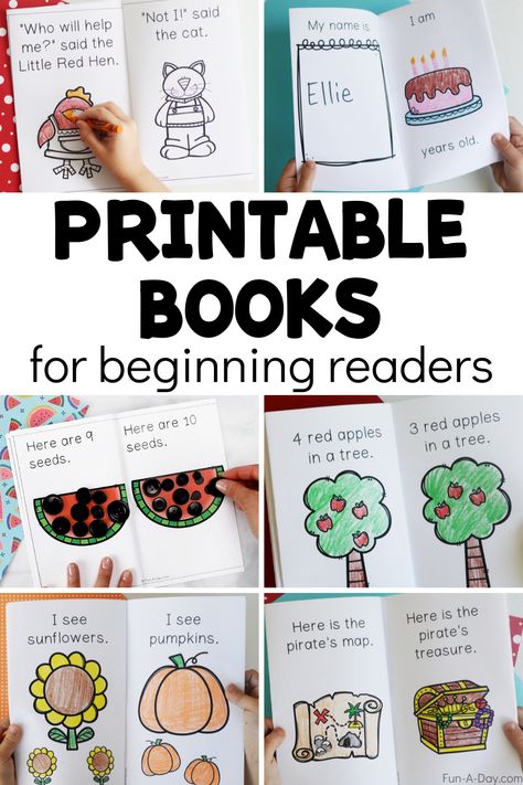 This collection of over 30 free printable books is perfect for preschool, pre-k, and kindergarten kids! Your students can practice literacy, math, and fine motor skills with the free emergent readers. Click on the Fun-A-Day.com link to read all about the mini books. Kindergarten Reading Books, Books For Kindergarten, Books For Preschool, Books For Beginning Readers, Free Kindergarten Printables, Free Printable Kindergarten, Reading Printables, Beginner Reader, Printable Kindergarten