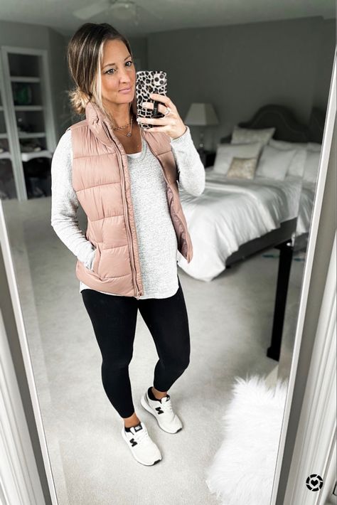 Taupe Tennis Shoes Outfit, Simple Fall Outfits Leggings, Maternity Puffer Vest Outfit, Puffer Vest Outfit For Work, New Balance Tennis Shoes Outfit, Maternity Vest Outfit, Winter Tennis Shoes Outfit, Puffer Vest And Leggings Outfit, Sweater And Tennis Shoes Outfit