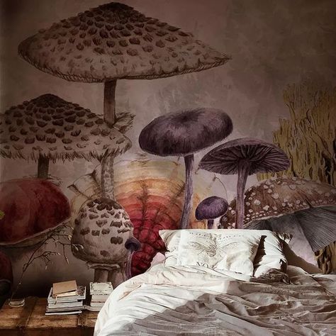 Mushroom Mural, Mushrooms Vintage, Cabin Wallpaper, Mushroom Wallpaper, Forest Mural, Romantic Wallpaper, Wallpaper Ceiling, Purple Peonies, Colorful Places