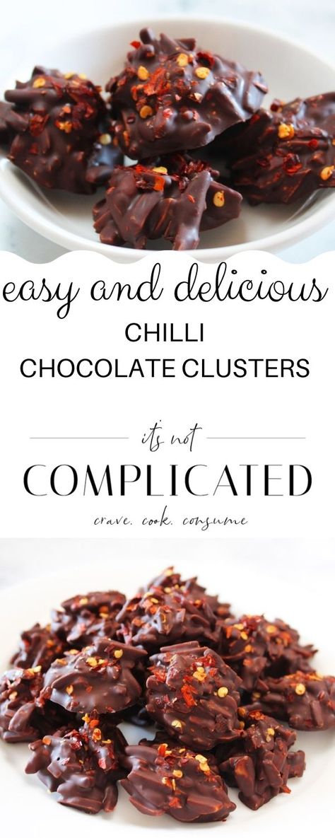 Chilli Chocolate Recipes, Chocolate Chilli Recipe, Spicy Candy Recipes, Spicy Dessert Recipes, Chocolate Almond Clusters, Spicy Desserts, Chilli Chocolate, Almond Clusters, Chocolate Clusters