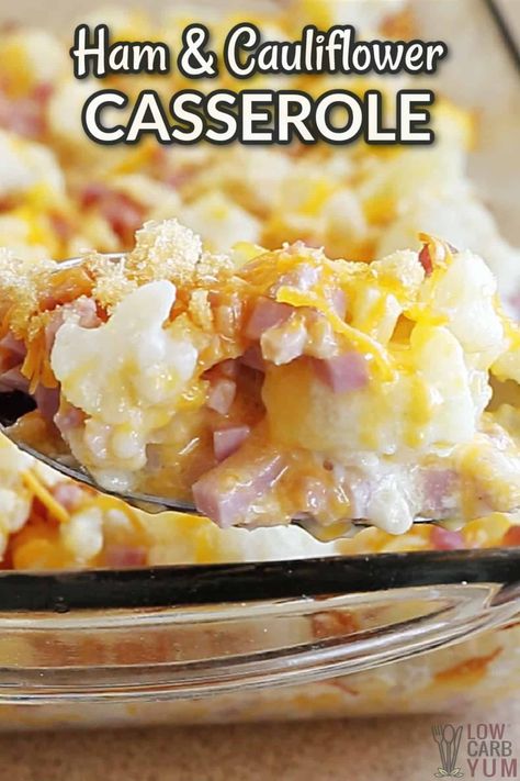 A delicious cheesy low carb cauliflower casserole that's super easy to prepare. And, it's the perfect way to repurpose leftover ham. Ham And Cauliflower Casserole, Ham And Cauliflower, Casserole With Ham, Low Carb Cauliflower Casserole, Ham Casserole Recipes, Cauliflower Casserole Recipes, Keto Casseroles, Cheesy Ham, Ham Casserole