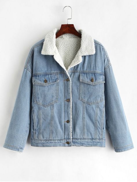 Drop Shoulder Fleece Denim Jacket - DENIM BLUE #ZAFUL #DenimJacket #freeshipping Vestiti In Jeans, Fur Lined Denim Jacket, Long Sleeve Jean Jacket, Fleece Denim Jacket, Denim Jacket Winter, Fleece Jackets, Lined Denim Jacket, Bermuda Jeans, Jacket Denim