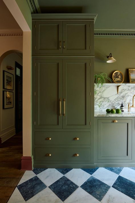 The Riverside Apartment, Barnes | deVOL Kitchens Riverside Apartment, Checkerboard Floor, Devol Kitchens, Green Kitchen Cabinets, Kitchen Clutter, Kitschy Kitchen, Green Cabinets, Yellow Kitchen, Chic Kitchen