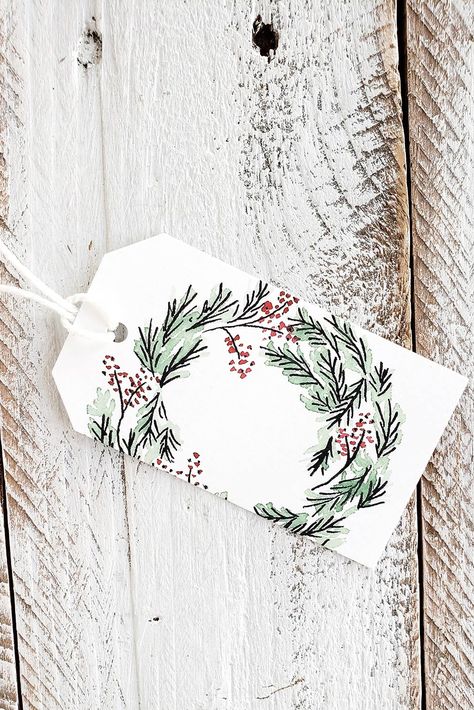 pine-wreath-tag Wildflower Drawing, Christmas Gift Tags Handmade, Gift Tag Design, Christmas Bookmarks, Wreath Drawing, Christmas Card Art, Pine Wreath, Homemade Christmas Cards, Watercolor Christmas Cards