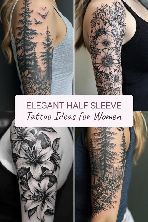 Explore a stunning collection of half sleeve tattoos designed specifically for women. These classy tattoo ideas combine beauty and style, representing unique symbols that speak to individuality. From floral designs to geometric patterns, each tattoo showcases bold elegance without losing femininity. Perfect for those who want to make a statement while maintaining a modest look, these half sleeve tattoos are the ideal choice. Discover inspiration that aligns with your personality and aesthetic, making your body art an expression of who you are. Women Large Tattoos, Delicate Arm Sleeve Tattoo, Feminine Fine Line Tattoo Sleeve, Womens Half Sleeve Tattoo Upper Arm Unique, Unique Women’s Tattoos, Woman’s Tattoo Ideas, Floral Tattoo Sleeves For Women, Womens Half Sleeve Tattoo Ideas, Feminine Shoulder Tattoo Half Sleeves