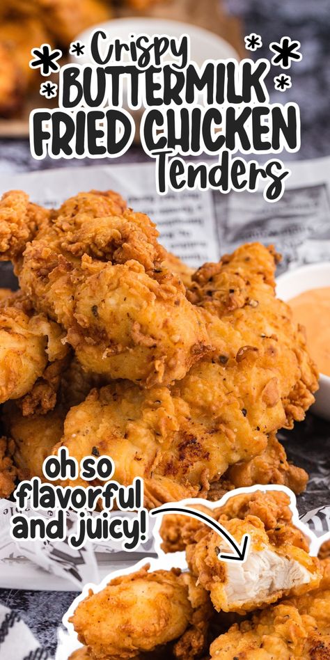 Buttermilk Fried Chicken Tenders are flavorful and juicy with an irresistible crunchy fried coating - great as appetizers with dipping sauce! Buttermilk Fried Chicken Breast, Buttermilk Fried Chicken Tenders, Air Fryer Recipes Chicken Tenders, Buttermilk Chicken Tenders, Chicken Finger Recipes, Fried Chicken Cutlets, Homemade Fried Chicken, Chicken Strip Recipes, Fried Chicken Strips