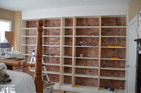 Billy Bookshelves, Diy Built In Shelves, Diy Brick Wall, Ikea Billy Bookcase Hack, Ikea Bookshelves, Bookcase Styling, Ikea Billy Bookcase, A Brick Wall, Ikea Billy