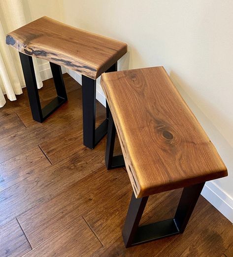 Custom Made Black Walnut Live Edge Side/End Table Walnut Wood Projects, Walnut Floating Shelves, Walnut Live Edge, Good Wood, Wood Platter, Custom Coffee Table, Side End Table, Metal Table Base, Black Walnut Wood