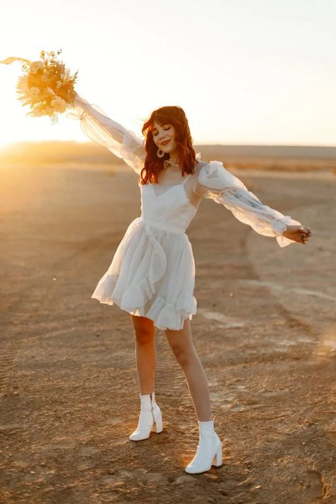 Non Typical Wedding Dress, Boho Mini Wedding Dress, 70s Reception Dress, Modern Elopement Dress, Wedding Dress With Gogo Boots, Edgy Elopement Dress, California Style Wedding, Alternative White Wedding Dress, Short Elopement Dress With Sleeves