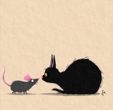 Cat Mouse Illustration, French Postcards, Mouse Illustration, Black Cat Art, Cat Mouse, Cat Top, Fun Illustration, Art Challenge, Cartoon Cat