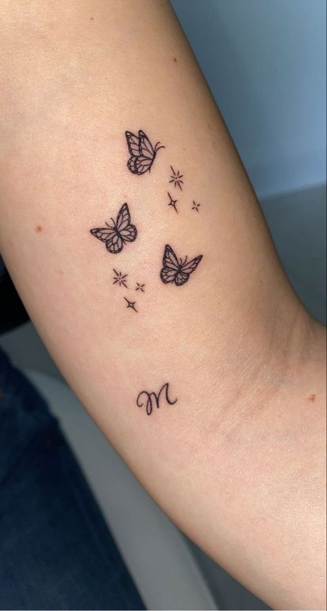 Butterflies With Stars Tattoo, Butterfly With Stars Tattoo, Butterfly Sparkle Tattoo, Butterfly Star Tattoo, Butterfly Stars Tattoo, Butterfly And Stars Tattoo, Tattoo Ideas Butterflies, Minimalist Tattoo Butterfly, Butterfly Minimalist Tattoo