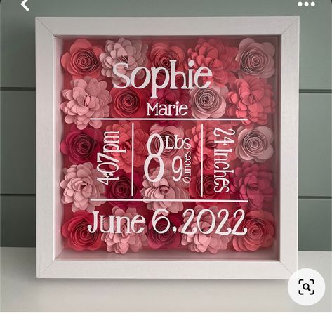 Shadow Box Birth Announcement, Birth Announcement Shadow Box Cricut, Flower Shadow Box Ideas Cricut, Shadow Box Baby Girl, 3d Flower Shadow Box Ideas, Baby Girl Shadow Box Ideas, Baby Shadow Box Girl, Floral Shadow Box Ideas, Newborn Shadow Box Ideas