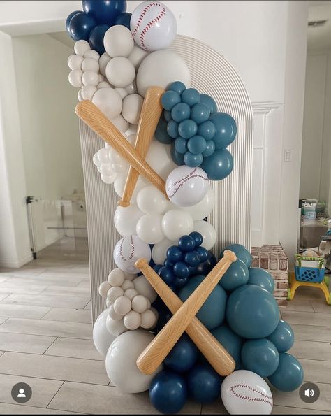 Balloon Cluster Backdrop, The Sandlot Birthday Party Decorations, Baseball Birthday Balloon Arch, Sandlot Party Decorations, Baseball First Birthday Decorations, Sports Theme Photo Booth, Mlb Birthday Party Ideas, A Little Slugger Is On The Way, Sandlot Baby Shower Ideas